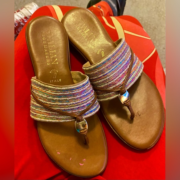 Italian Shoe Makers Soft Brown Leather Sandals Woven Metallic Rainbow Thong 9.5 - Picture 4 of 16